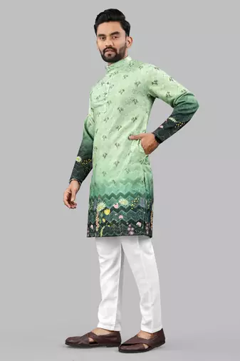 Green rayon crochet floral printed kurta for men