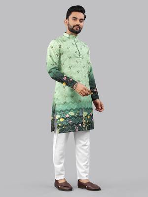 Green rayon crochet floral printed kurta for men 3