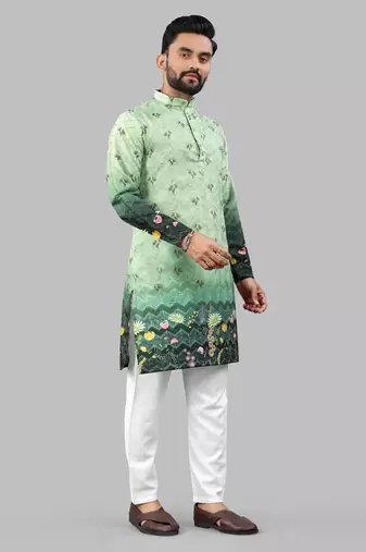 Green rayon crochet floral printed kurta for men