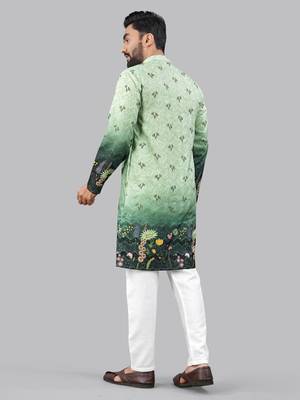 Green rayon crochet floral printed kurta for men 4