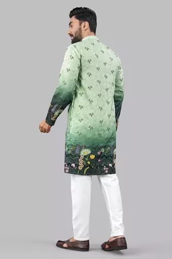 Green rayon crochet floral printed kurta for men