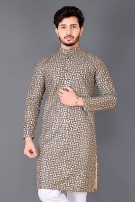 Cream rayon crochet printed kurta for men 1