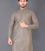 Cream rayon crochet printed kurta for men