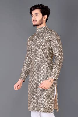Cream rayon crochet printed kurta for men 2