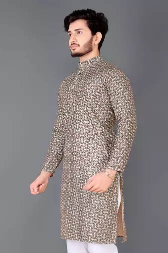 Cream rayon crochet printed kurta for men
