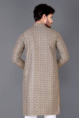 Cream rayon crochet printed kurta for men 3