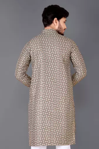 Cream rayon crochet printed kurta for men