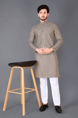 Cream rayon crochet printed kurta for men 4
