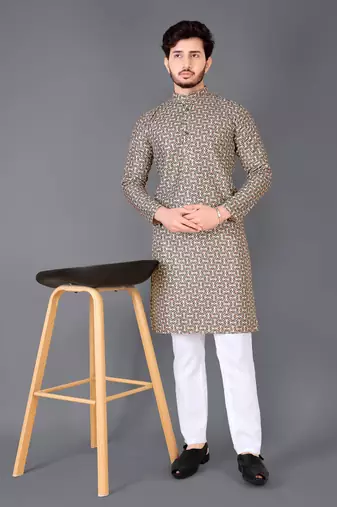 Cream rayon crochet printed kurta for men
