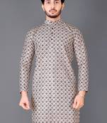 White and black rayon crochet printed kurta for men