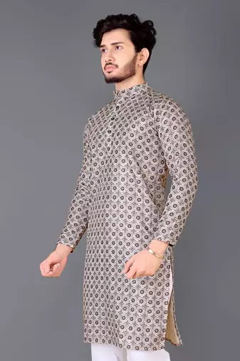 White and black rayon crochet printed kurta for men