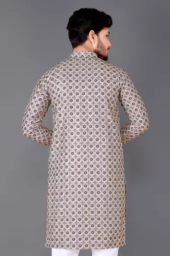 White and black rayon crochet printed kurta for men