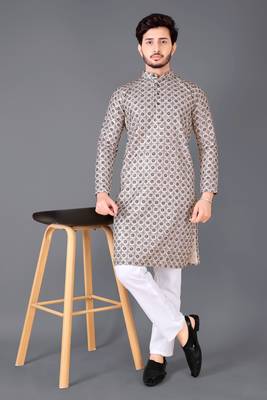 White and black rayon crochet printed kurta for men 4
