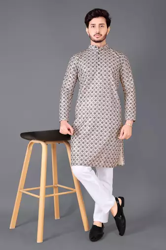 White and black rayon crochet printed kurta for men