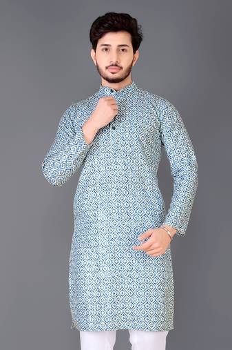 Aqua blue rayon crochet printed kurta for men