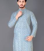 Aqua blue rayon crochet printed kurta for men