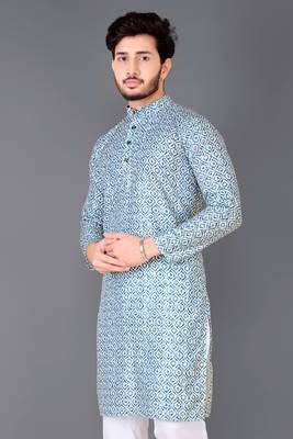 Aqua blue rayon crochet printed kurta for men 2