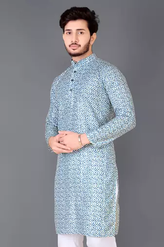 Aqua blue rayon crochet printed kurta for men