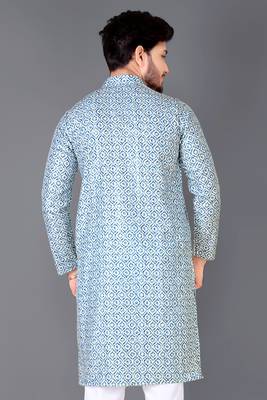 Aqua blue rayon crochet printed kurta for men 3