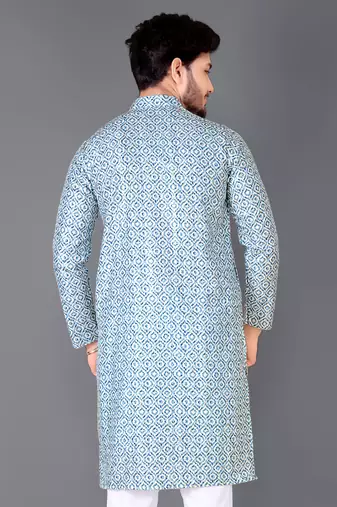 Aqua blue rayon crochet printed kurta for men