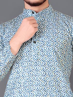 Aqua blue rayon crochet printed kurta for men 4