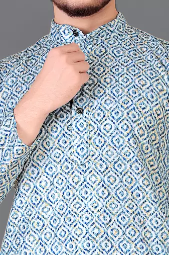 Aqua blue rayon crochet printed kurta for men