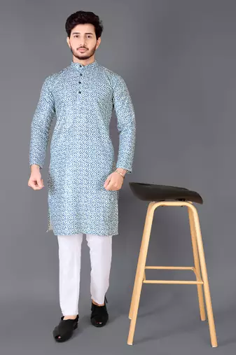 Aqua blue rayon crochet printed kurta for men