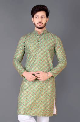 Green rayon crochet printed kurta for men 1