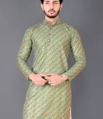 Green rayon crochet printed kurta for men