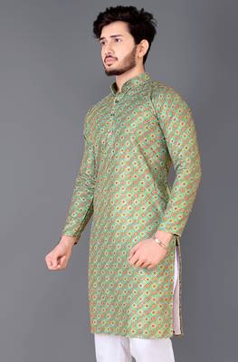 Green rayon crochet printed kurta for men 2