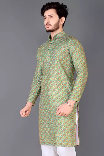 Green rayon crochet printed kurta for men