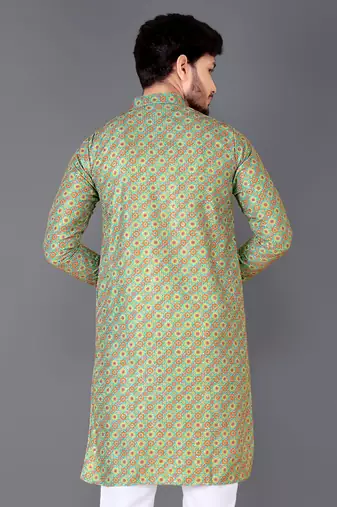 Green rayon crochet printed kurta for men