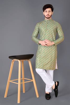 Green rayon crochet printed kurta for men 4