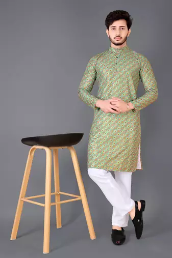 Green rayon crochet printed kurta for men