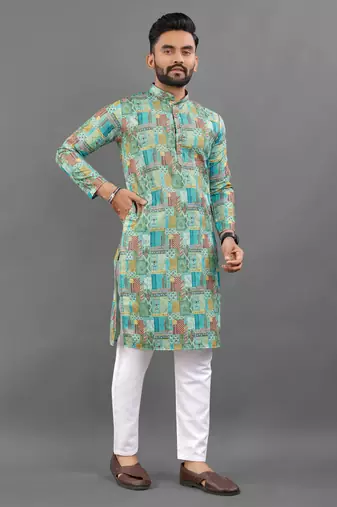 Multicolour rayon crochet printed kurta for men