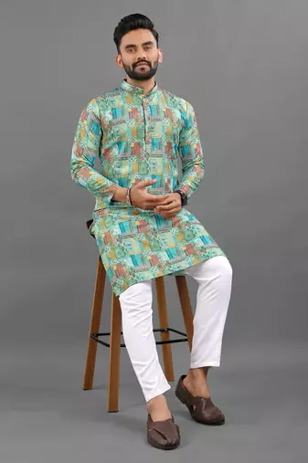 Multicolour rayon crochet printed kurta for men