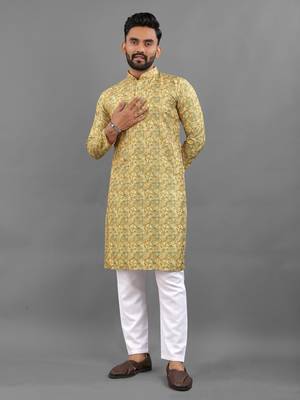 Yellow rayon crochet printed kurta for men 1