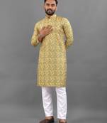 Yellow rayon crochet printed kurta for men