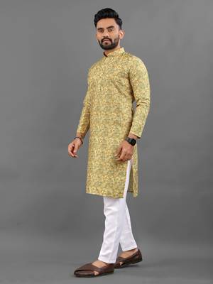 Yellow rayon crochet printed kurta for men 2