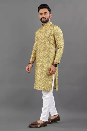 Yellow rayon crochet printed kurta for men