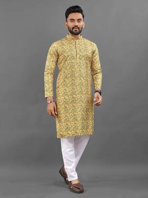 Yellow rayon crochet printed kurta for men 3
