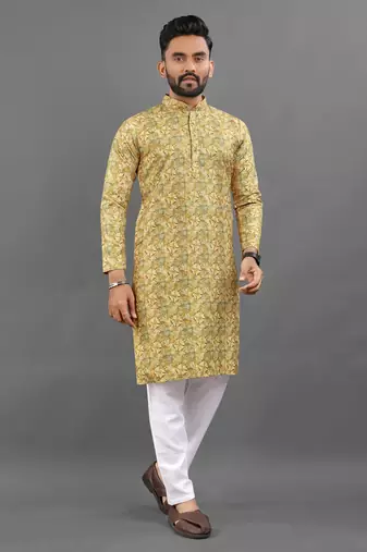 Yellow rayon crochet printed kurta for men