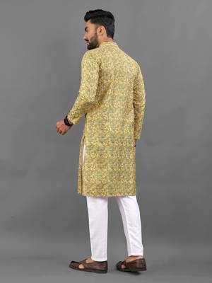 Yellow rayon crochet printed kurta for men 4
