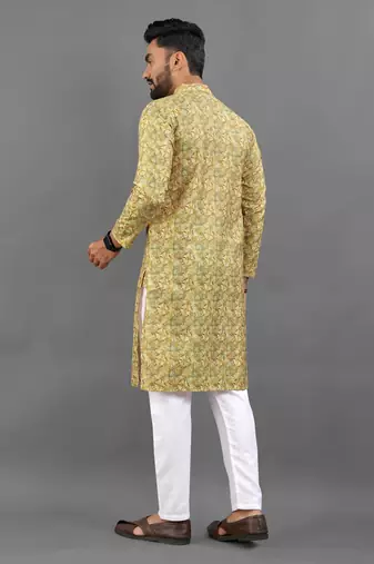 Yellow rayon crochet printed kurta for men