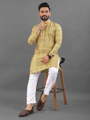 Yellow rayon crochet printed kurta for men 5