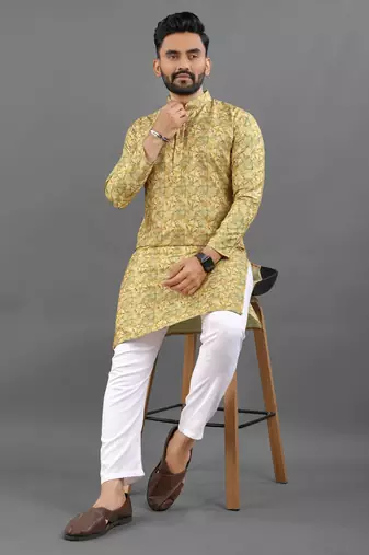 Yellow rayon crochet printed kurta for men