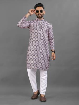 Purple rayon crochet printed kurta for men 1