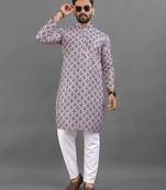 Purple rayon crochet printed kurta for men