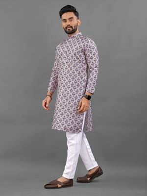 Purple rayon crochet printed kurta for men 2