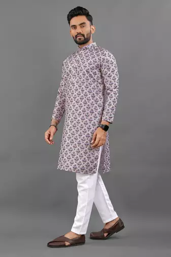 Purple rayon crochet printed kurta for men